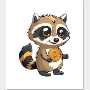 Cute Raccoon with Bitcoin Coin - Cartoon Style Posters and Art